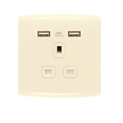 Alfanar 2-Gang Electrical Socket with USB Charger 13A 220V Beige 7x7cm Metallic Frame Model ALF